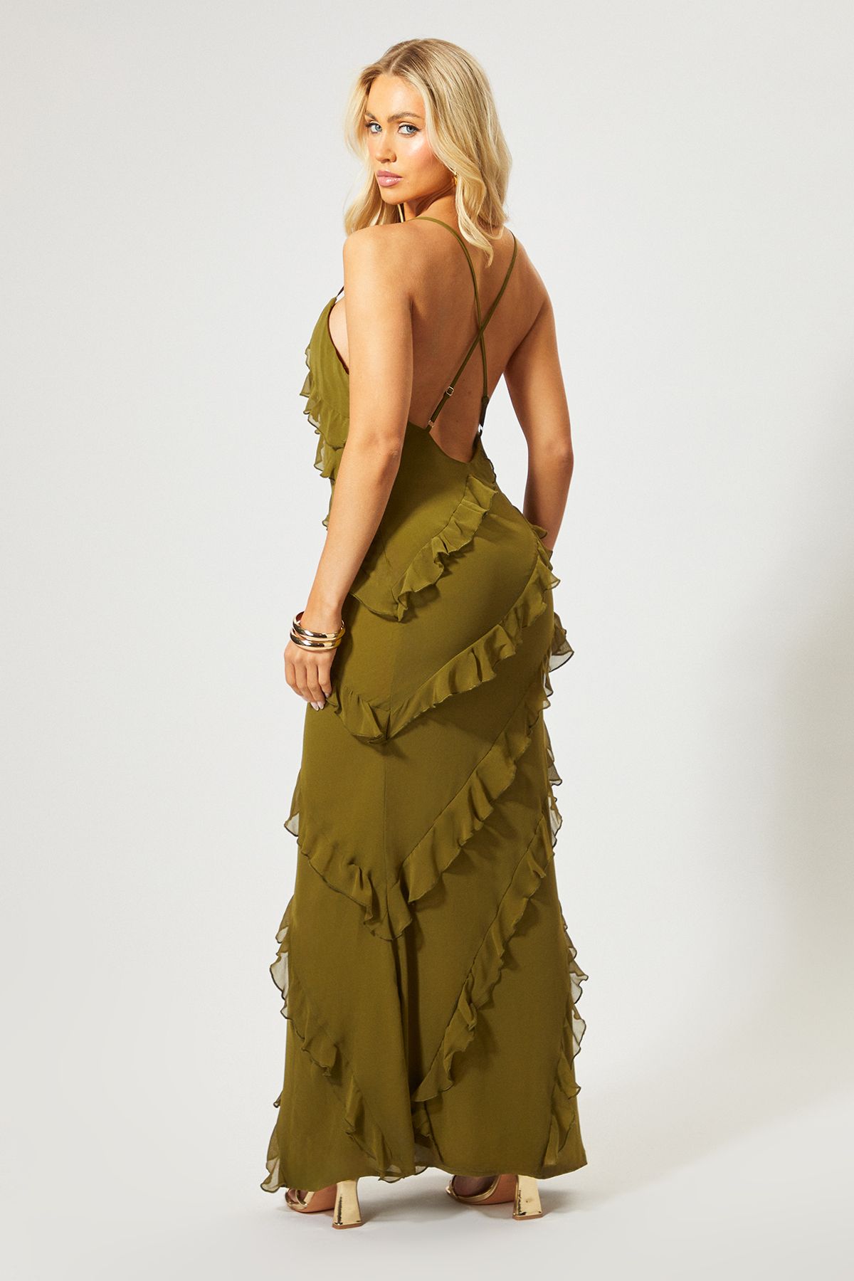 MissPap Ruffle Low Back Maxi Dress Green image 4