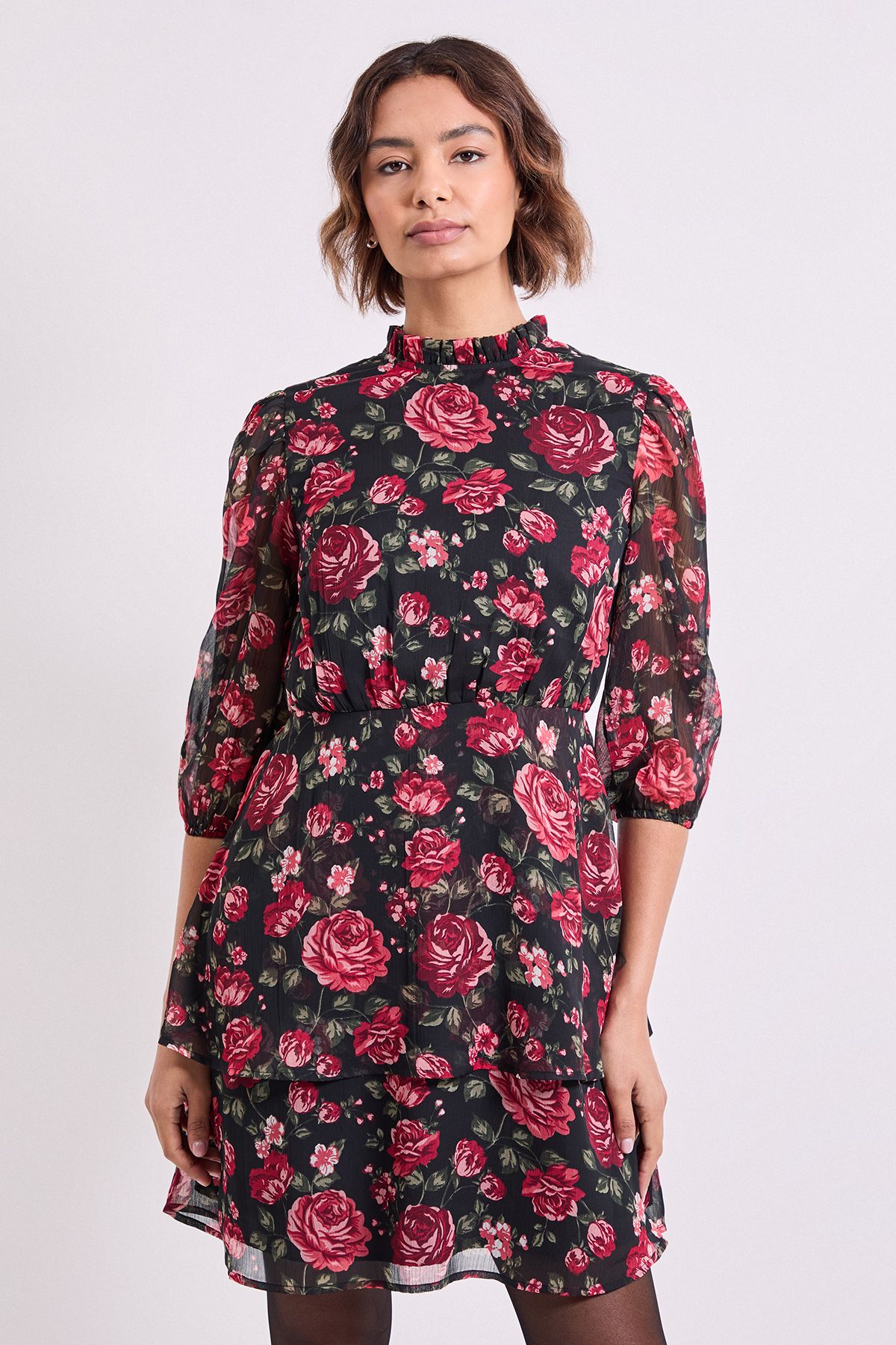 Dorothy Perkins Floral Frill Neck Tiered Skirt Printed Mini Dress Floral image 2