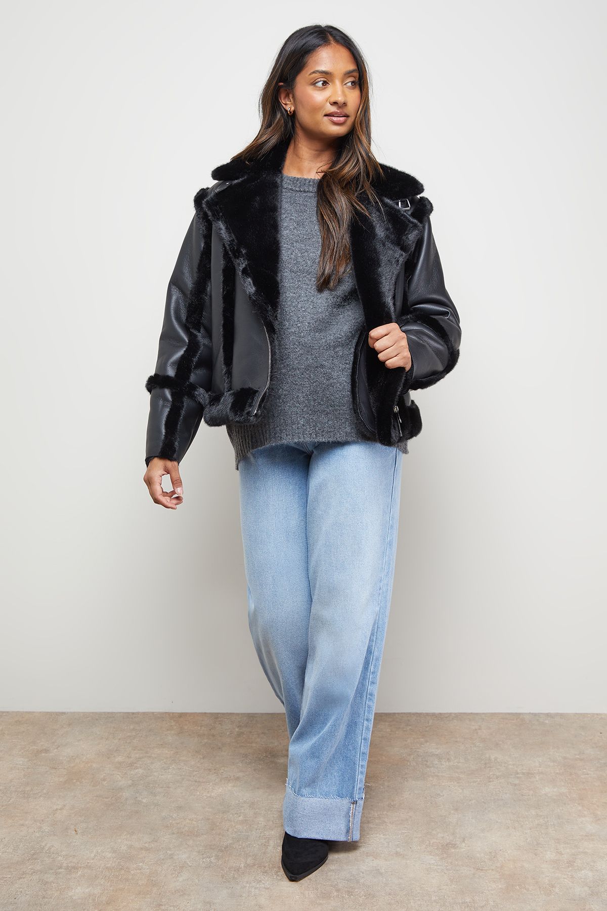 Oasis Shearling PU Aviator Jacket Black image 2