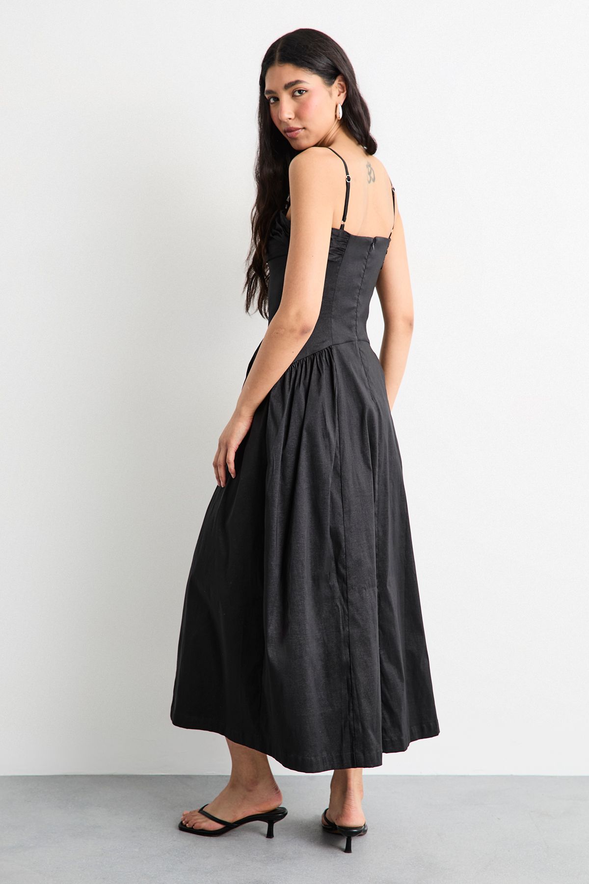 Warehouse Dropped Waist Ruched Bust Midi Dress Black image 3