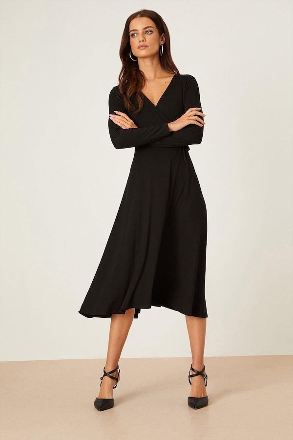 Dorothy Perkins Petite Black Long Sleeve Wrap Midi Dress Black