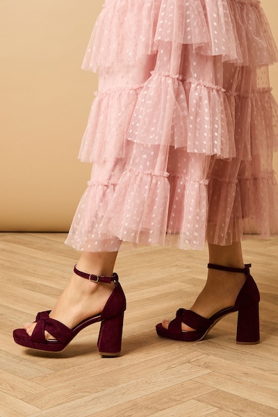 Oasis Narina Faux Suede Knotted Platform High Block Heel Sandals Burgundy