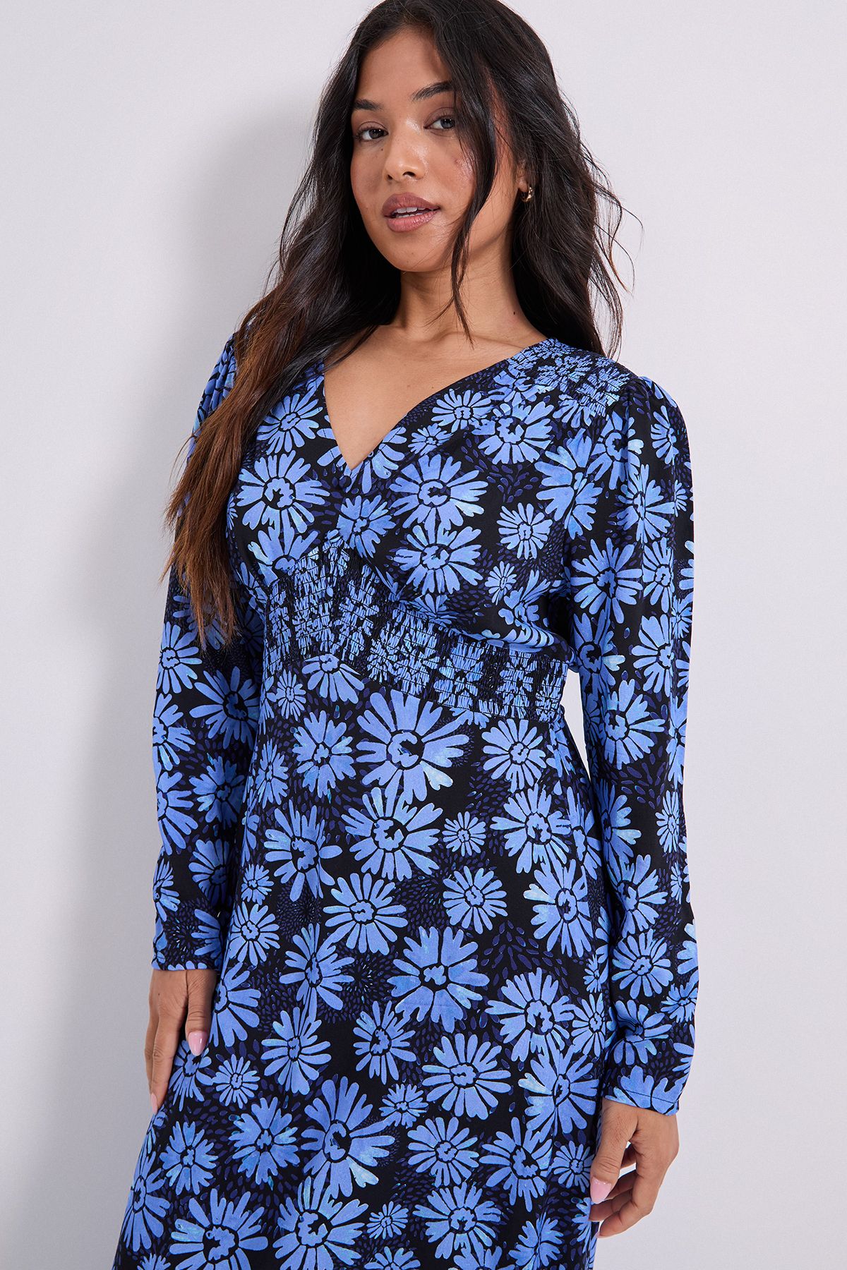 Dorothy Perkins Petite Blue Daisy Shirred Waist Button Detail Midi Dress Blue image 4