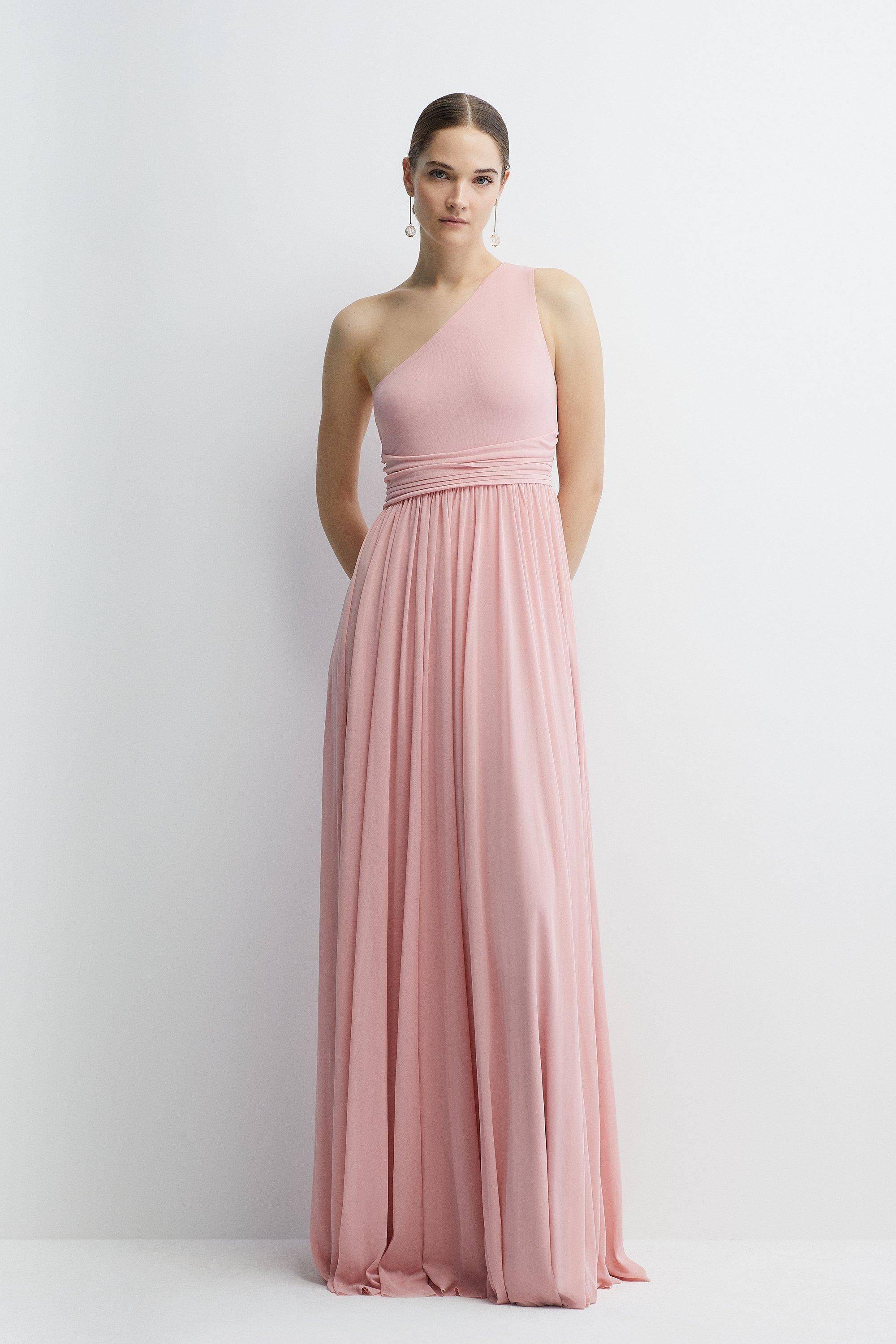 Coast One Shoulder Stretch Mesh Full Skirted Bridesmaid Maxi Dress Ballerina Pink