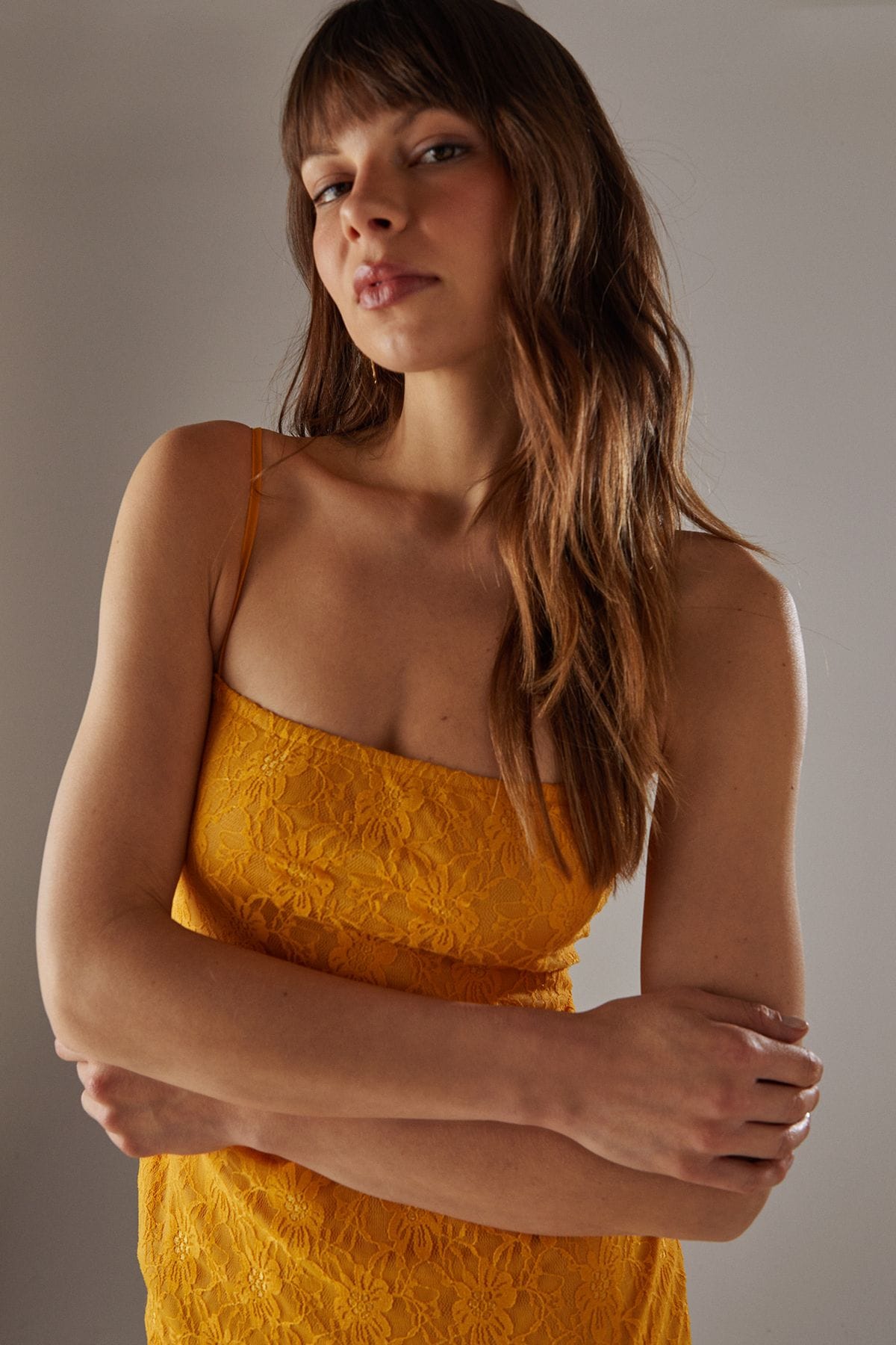 Warehouse Lace Strappy Drop Waist Ruffle Midi Dress Orange image 4