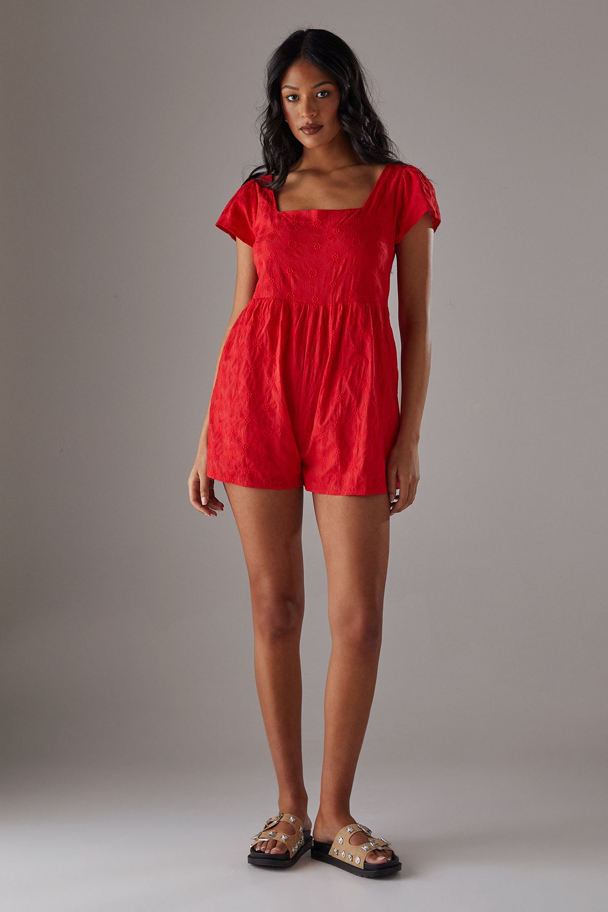 Warehouse Floral Cotton Square Neck Babydoll Playsuit Red image 2