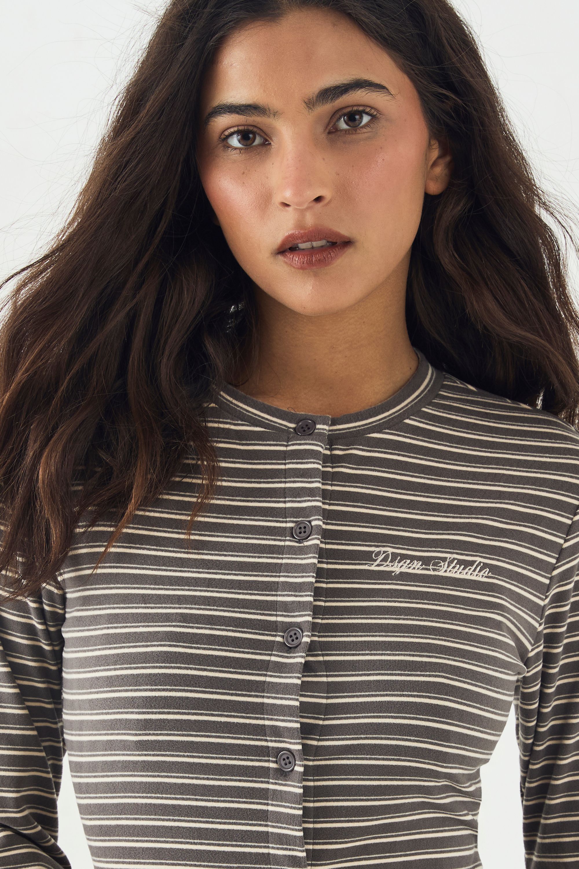 DSGN Studio DSGN Studio Stripe Button Through Long Sleeve Top Charcoal image 4