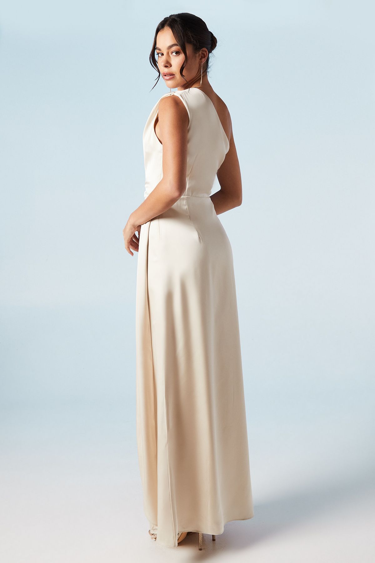 Coast One Shoulder Sash Detail Satin Bridesmaid Maxi Dress Champagne image 3