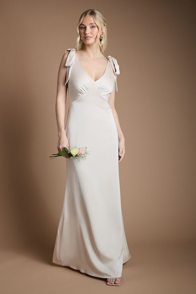 Coast Coast Honoured Satin Back Crepe V Neck Tie Shoulder Maxi Bridesmaid Dress Champagne
