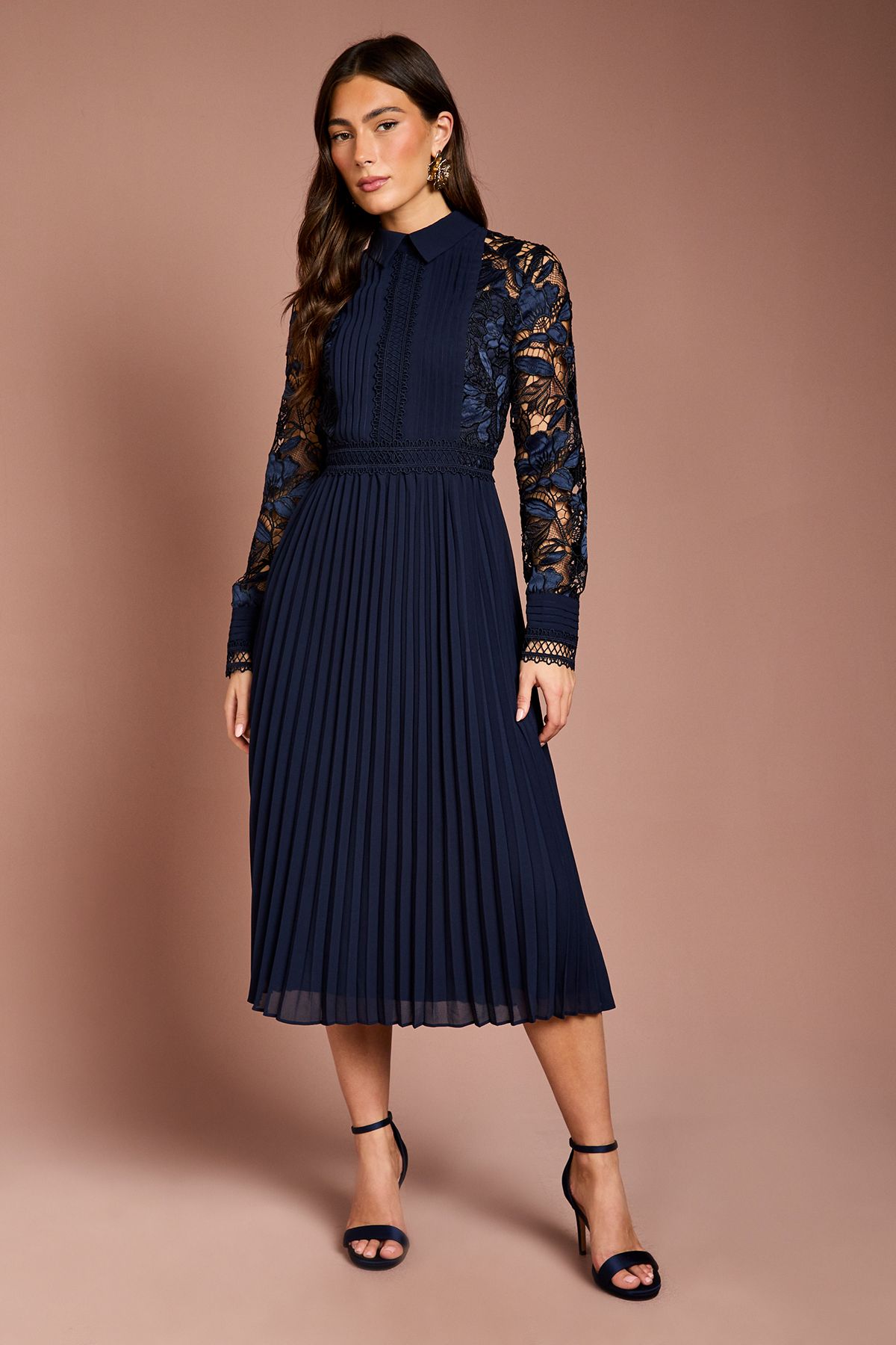 Coast Long Sleeve Lace and Pleated Midi Shirt Dress Navy