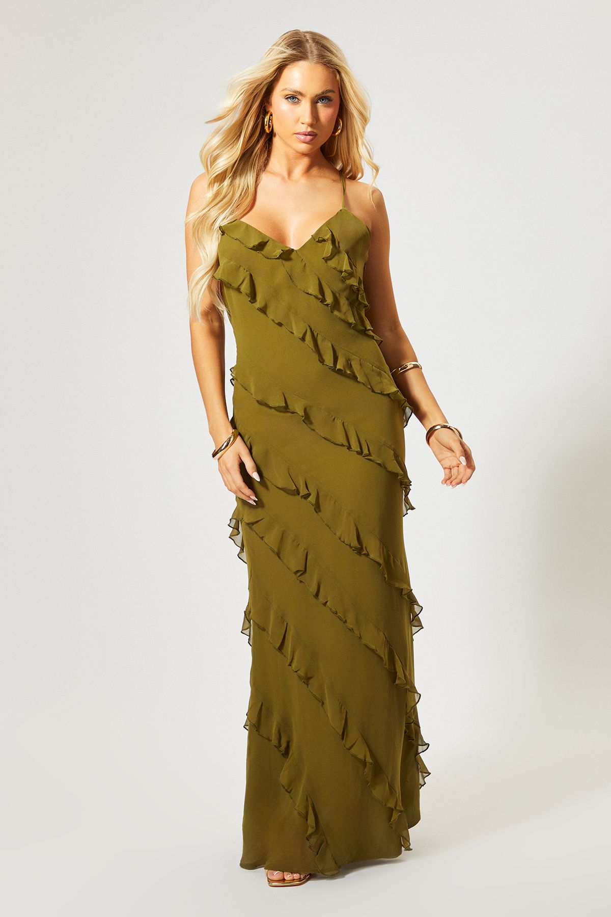 MissPap Ruffle Low Back Maxi Dress Green image 3