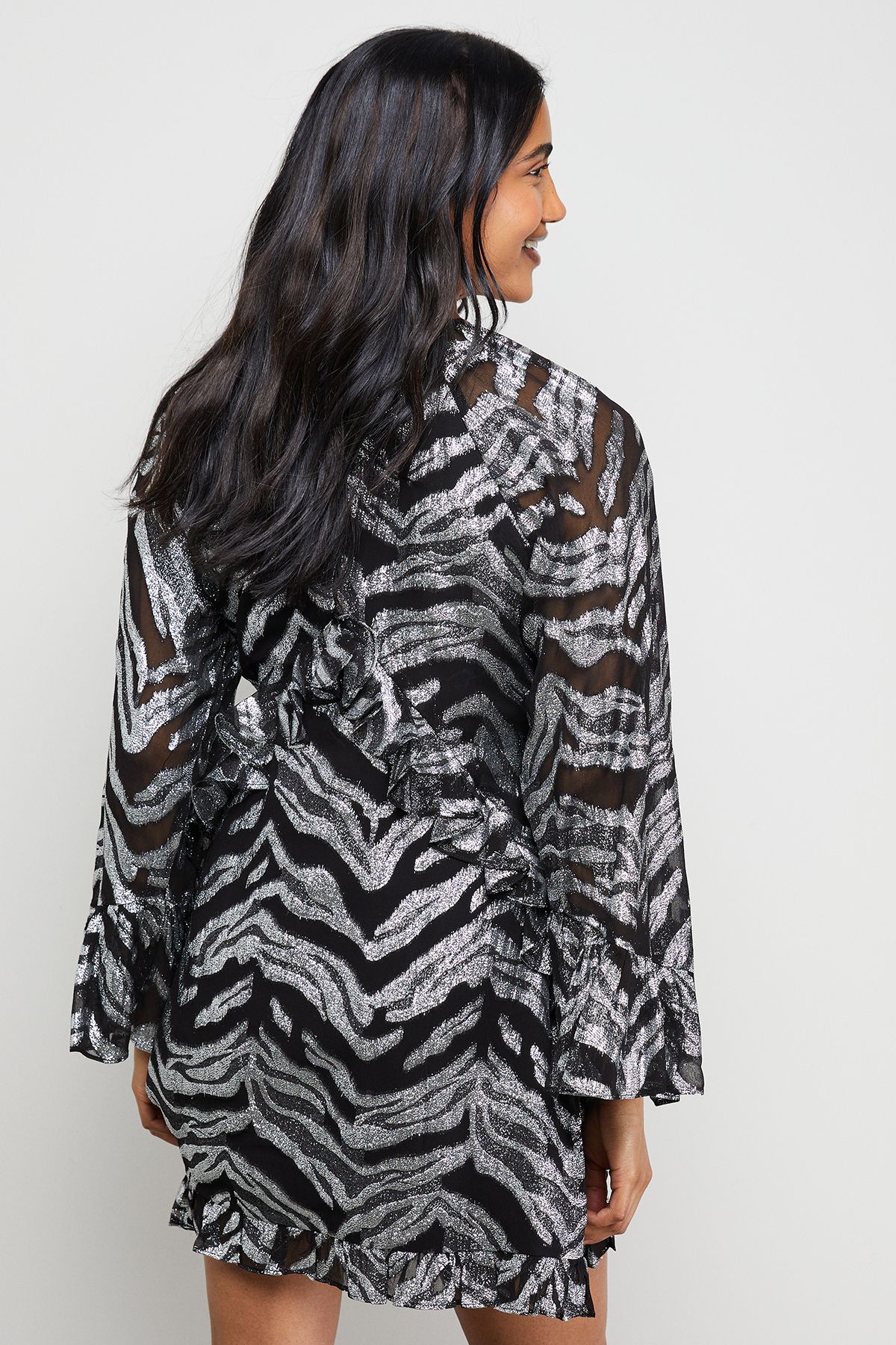 Warehouse Flippy Hem Volume Sleeve Viscose Zebra Jacquard Dress Black image 3