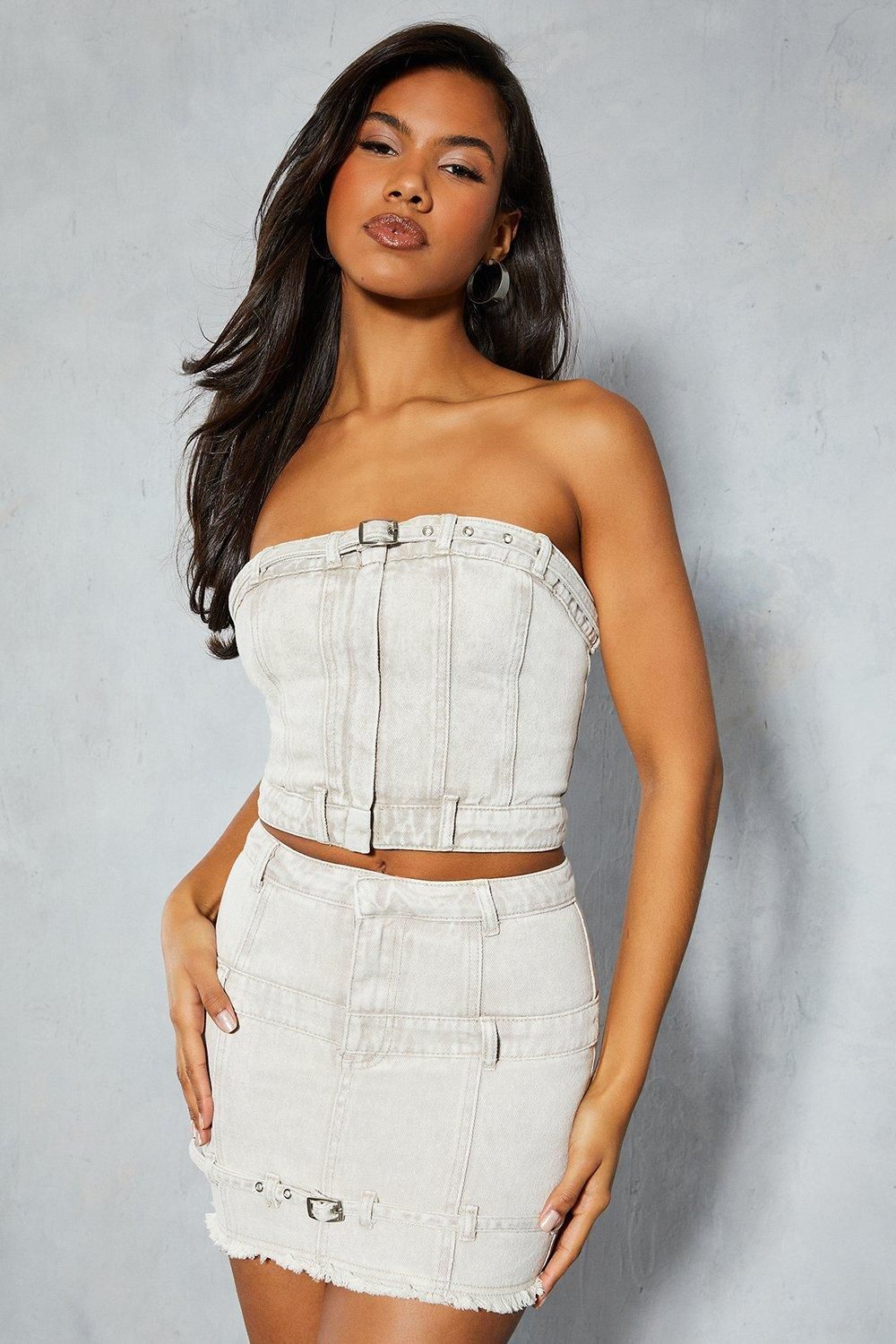 MissPap Denim Acid Wash Strapless Buckle Detail Top Light Grey image 1
