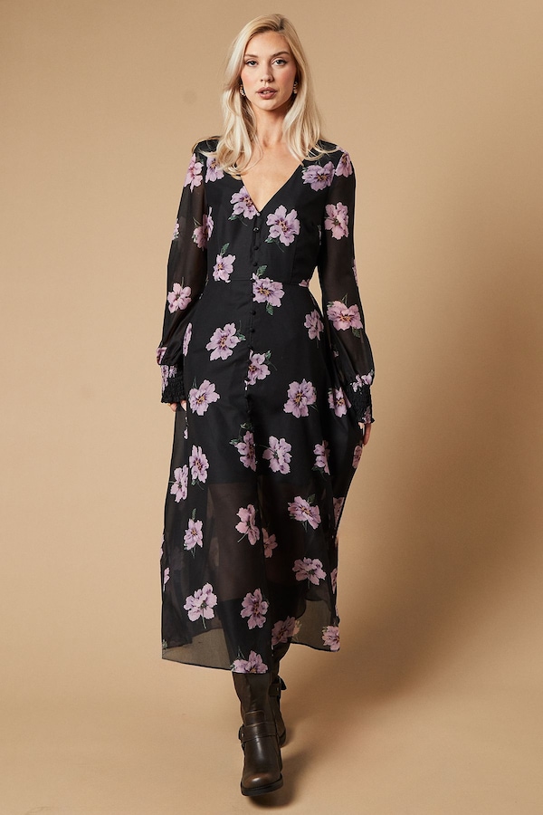 Oasis Occasion Floral Button Midaxi Dress Black