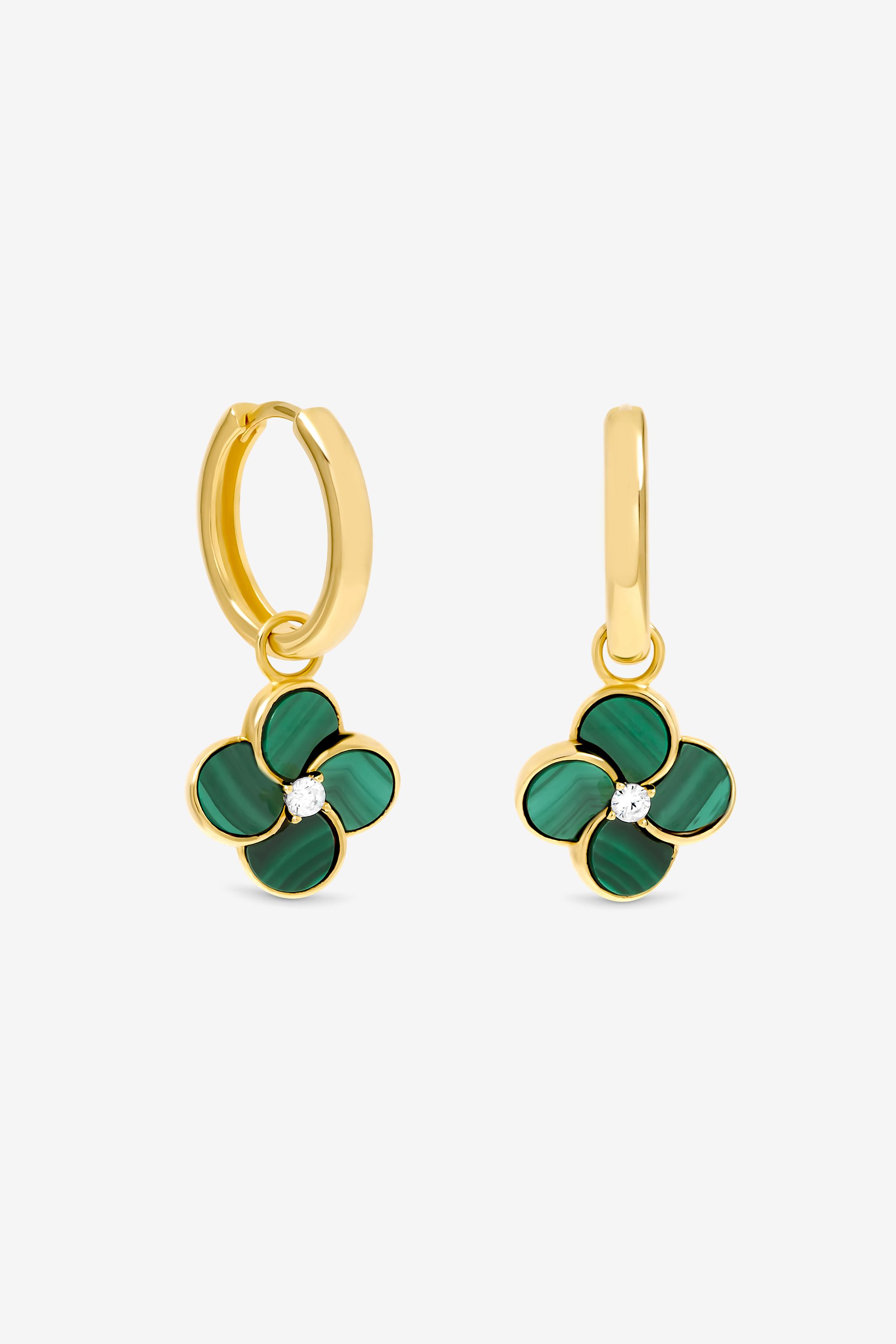 Jon Richard Gold Plated and Malachite Four Leaf Clover Huggie Earrings image 1