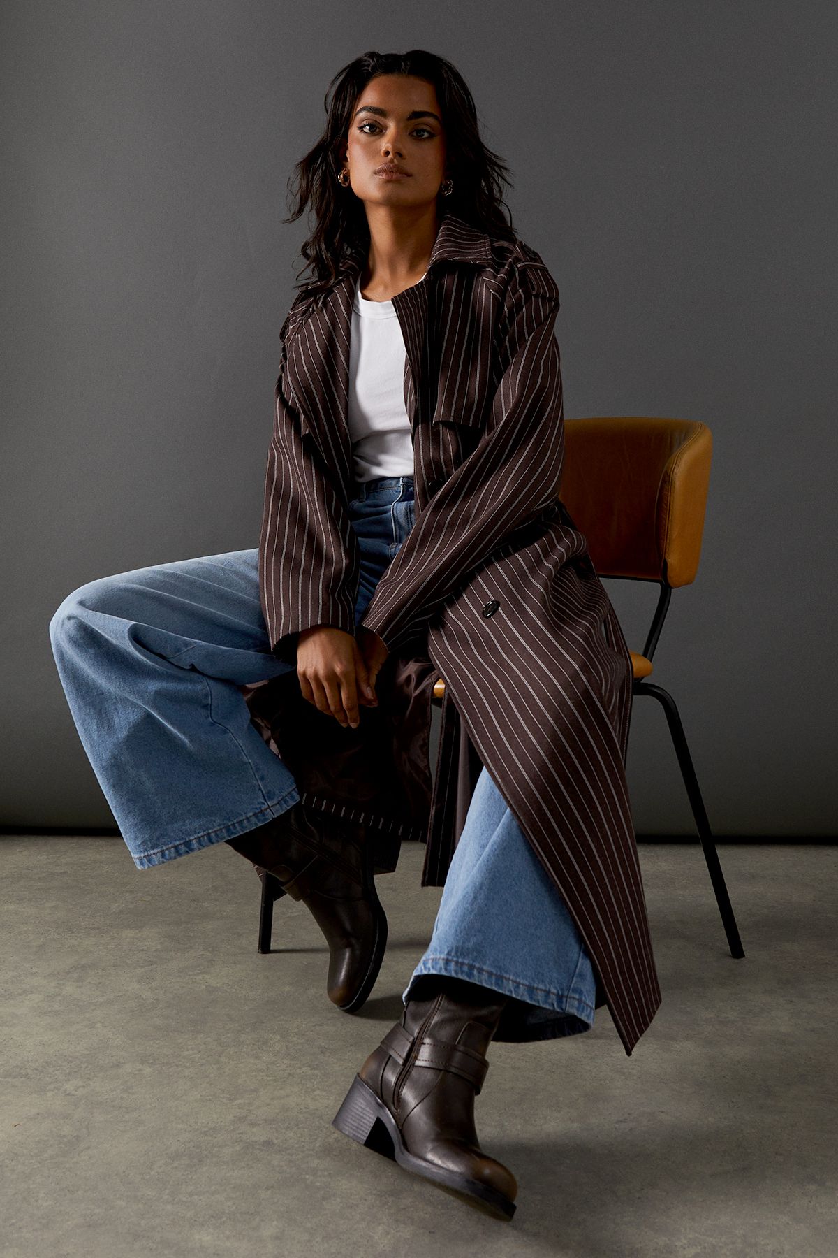 Warehouse Chocolate Pinstripe Belted Trench Coat Chocolate image 2