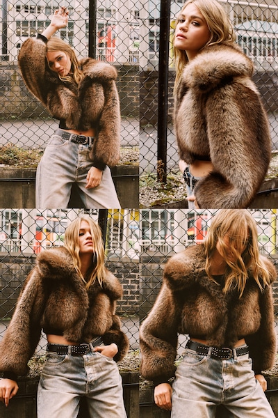 NastyGal Premium Tipped Natural Faux Fur Bomber Coat Brown