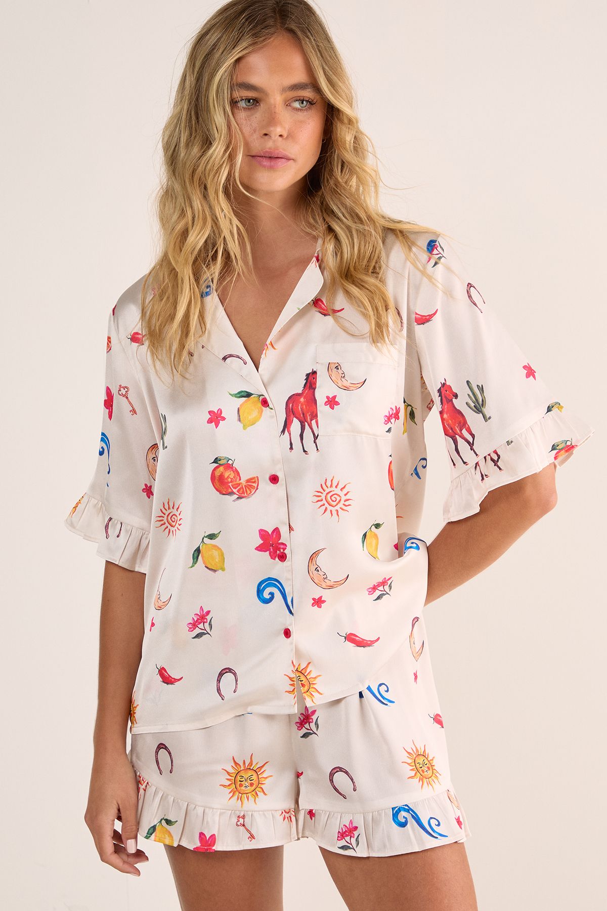 NastyGal Satin Western Conversational Ruffle Pajama Shorts Set Champagne image 1