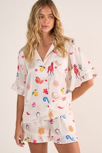 NastyGal Satin Western Conversational Ruffle Pajama Shorts Set Champagne