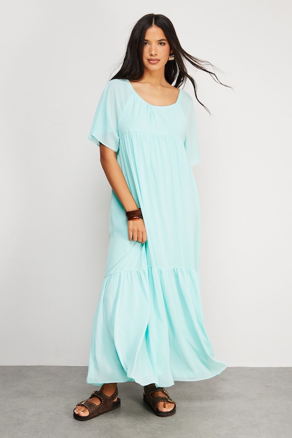 Warehouse Chiffon Tier Smock Midi Dress Blue