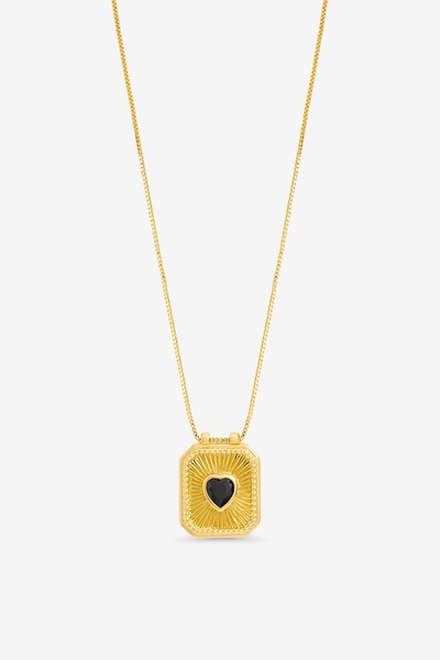 Inicio 14K Gold Plated Jet and Heart Charm Necklace - Gift Pouch