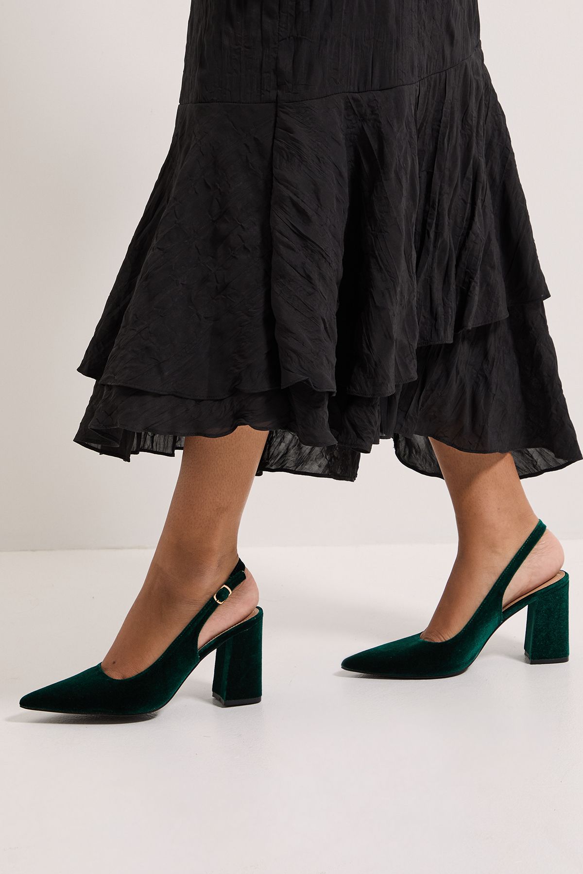 Dorothy Perkins Ellens Velvet Pointed High Block Heel Slingback Court Shoes Emerald image 1