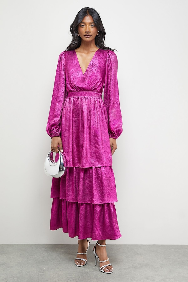 Warehouse Metallic Plunge Neck Tier Midi Dress Multi