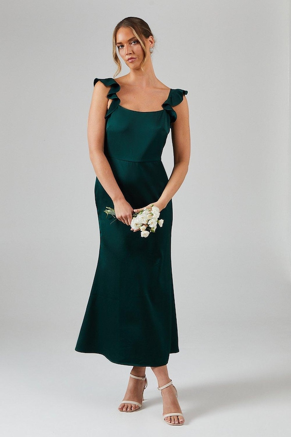Oasis Ruffle Square Neck Satin Bridesmaids Midi Dress Emerald