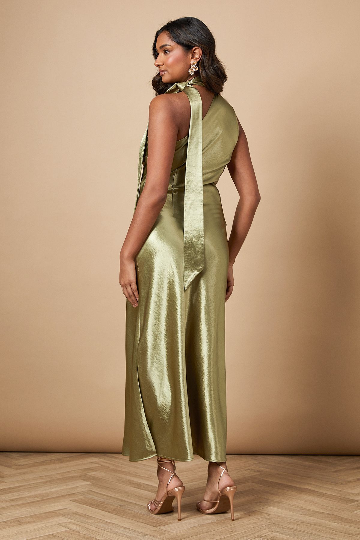 Oasis Metallic Satin Tie Neck Dress Olive image 3
