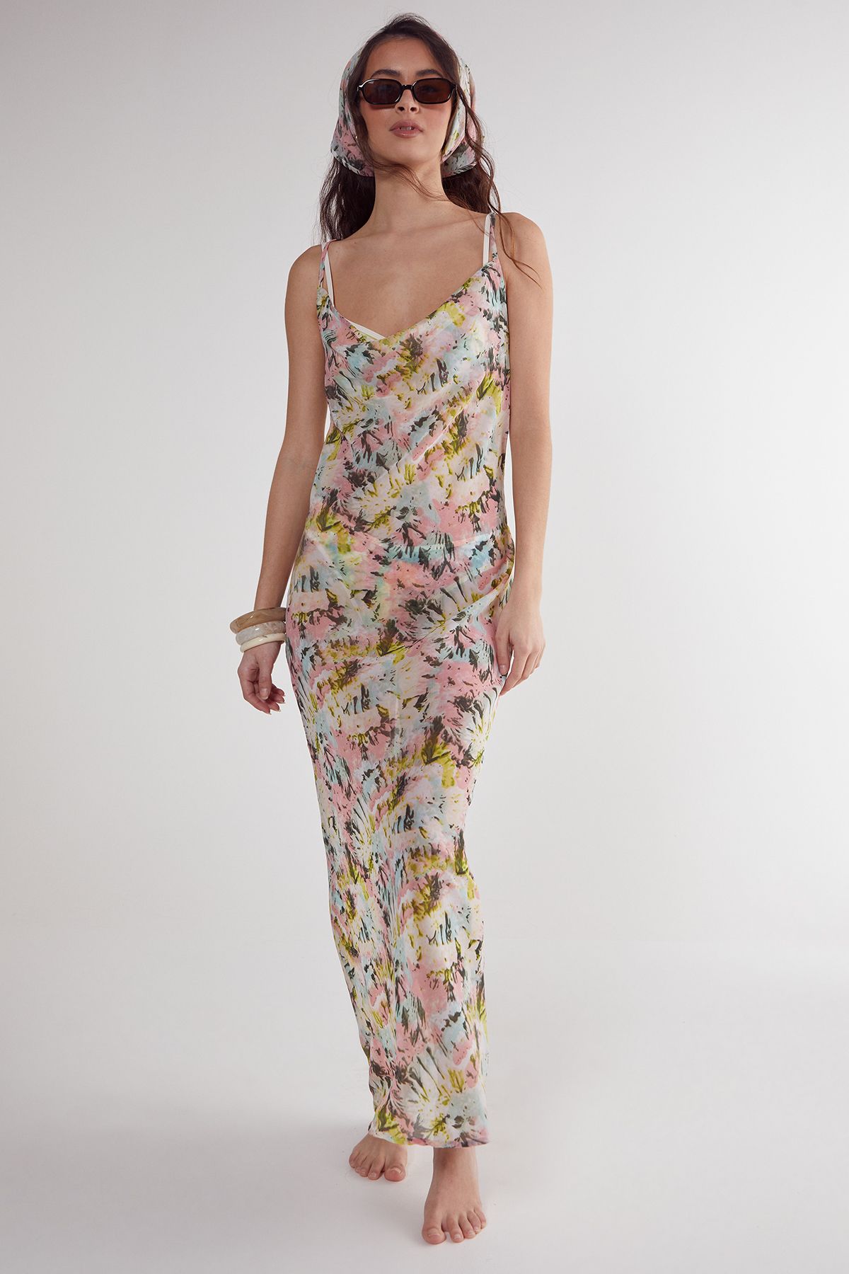 NastyGal Tie Dye Cowl Neck Beach Dress and Headscarf Multi image 1