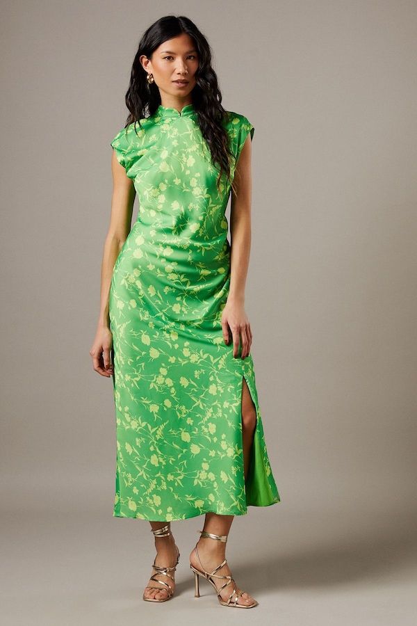 Warehouse Crinkle Satin Button Side Midi Dress Floral