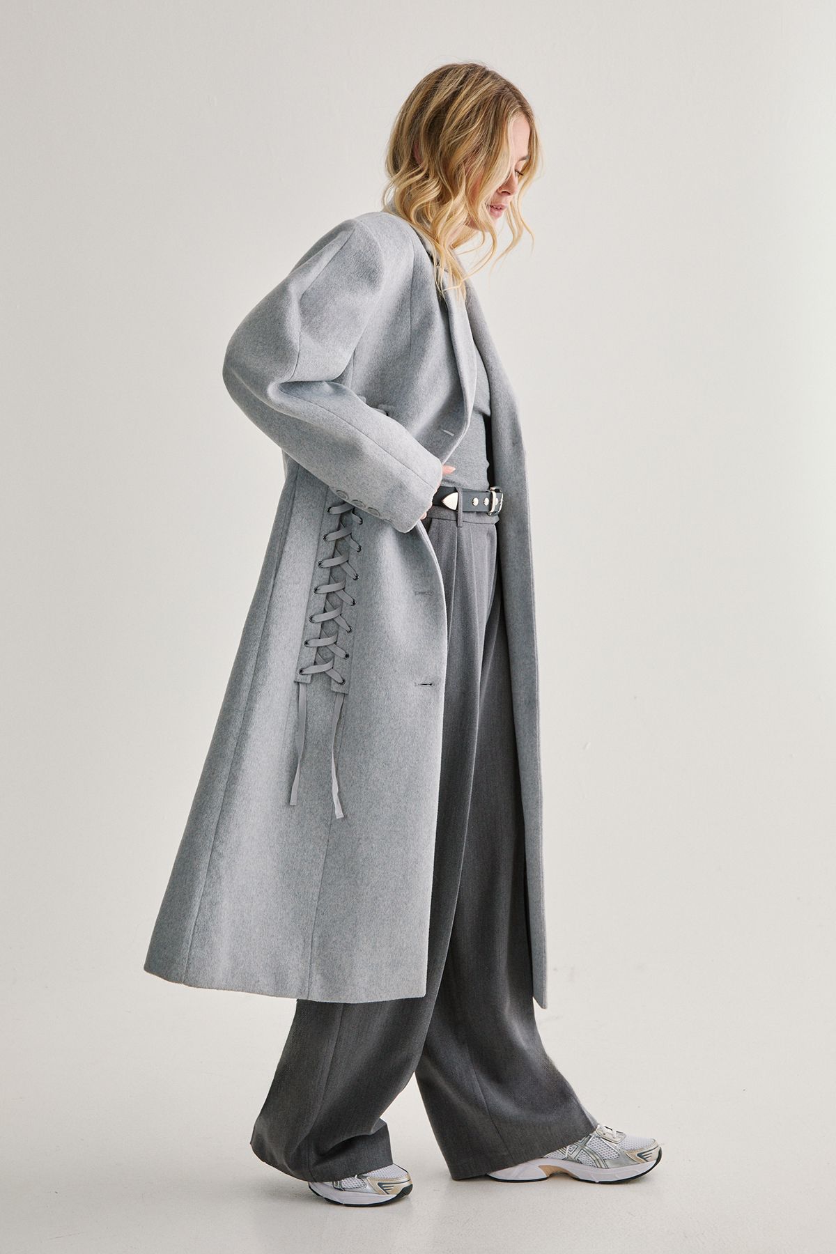 NastyGal Premium Corseted Detail Maxi Coat Grey image 1