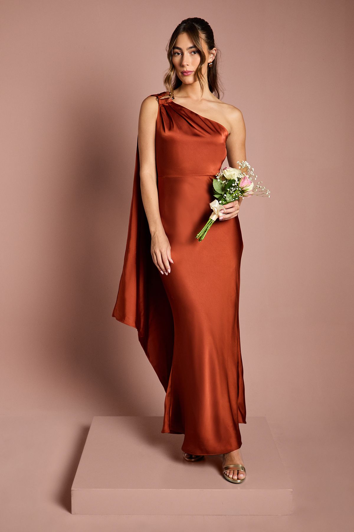 Coast One Shoulder Satin Maxi Bridesmaid Dress With Gold Trim Copper image 1