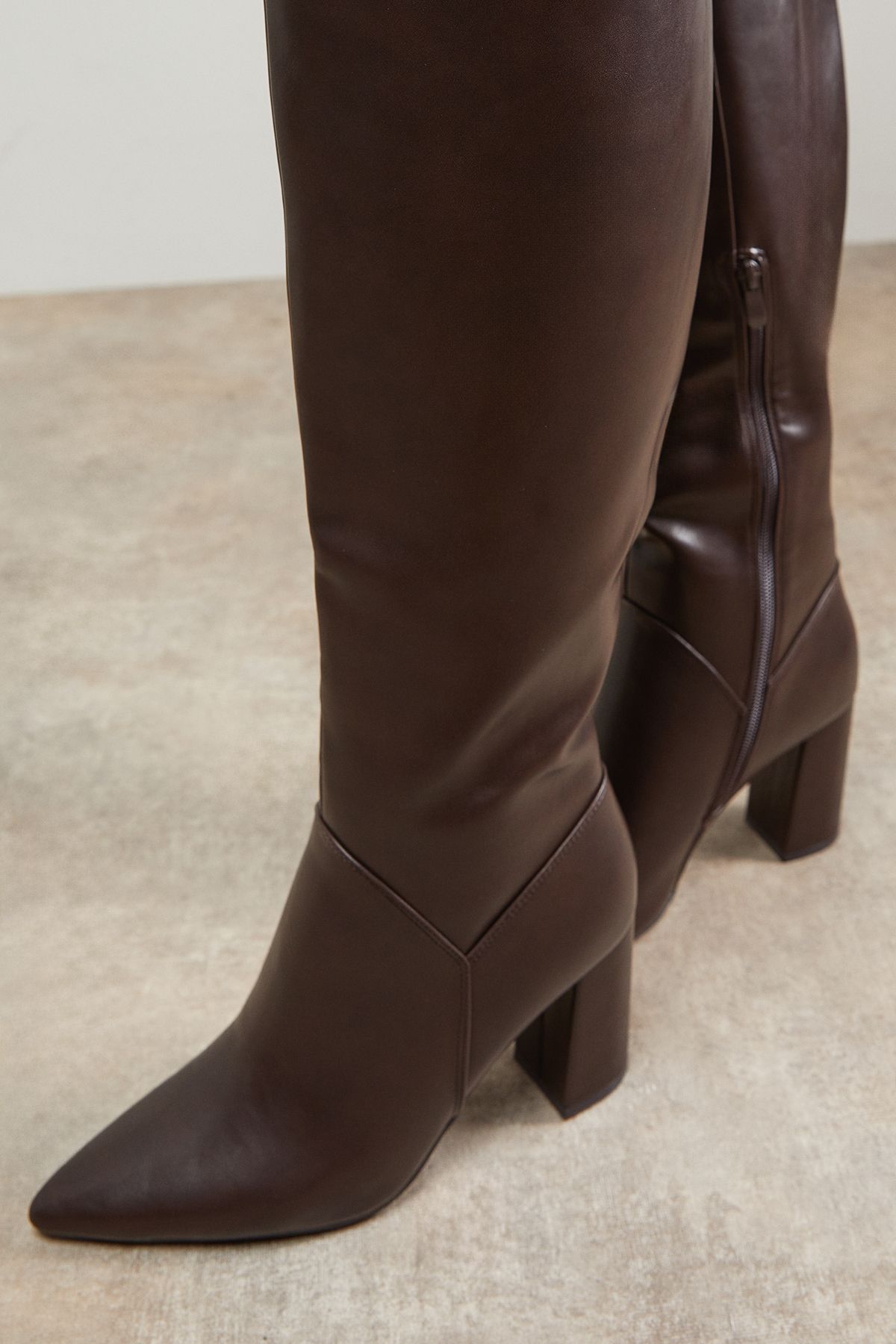 Oasis Jemima Faux Leather High Block Heel Pointed Knee Boots Brown image 4