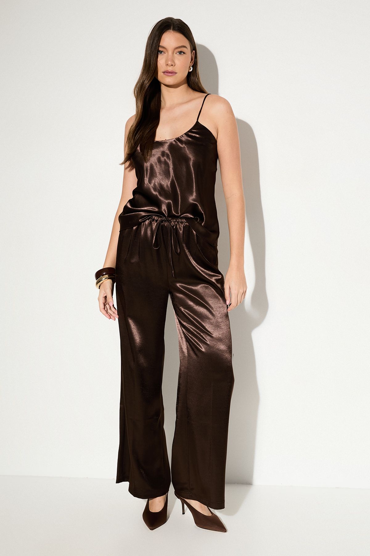 MissPap Textured Satin Fluid Trouser Chocolate image 1
