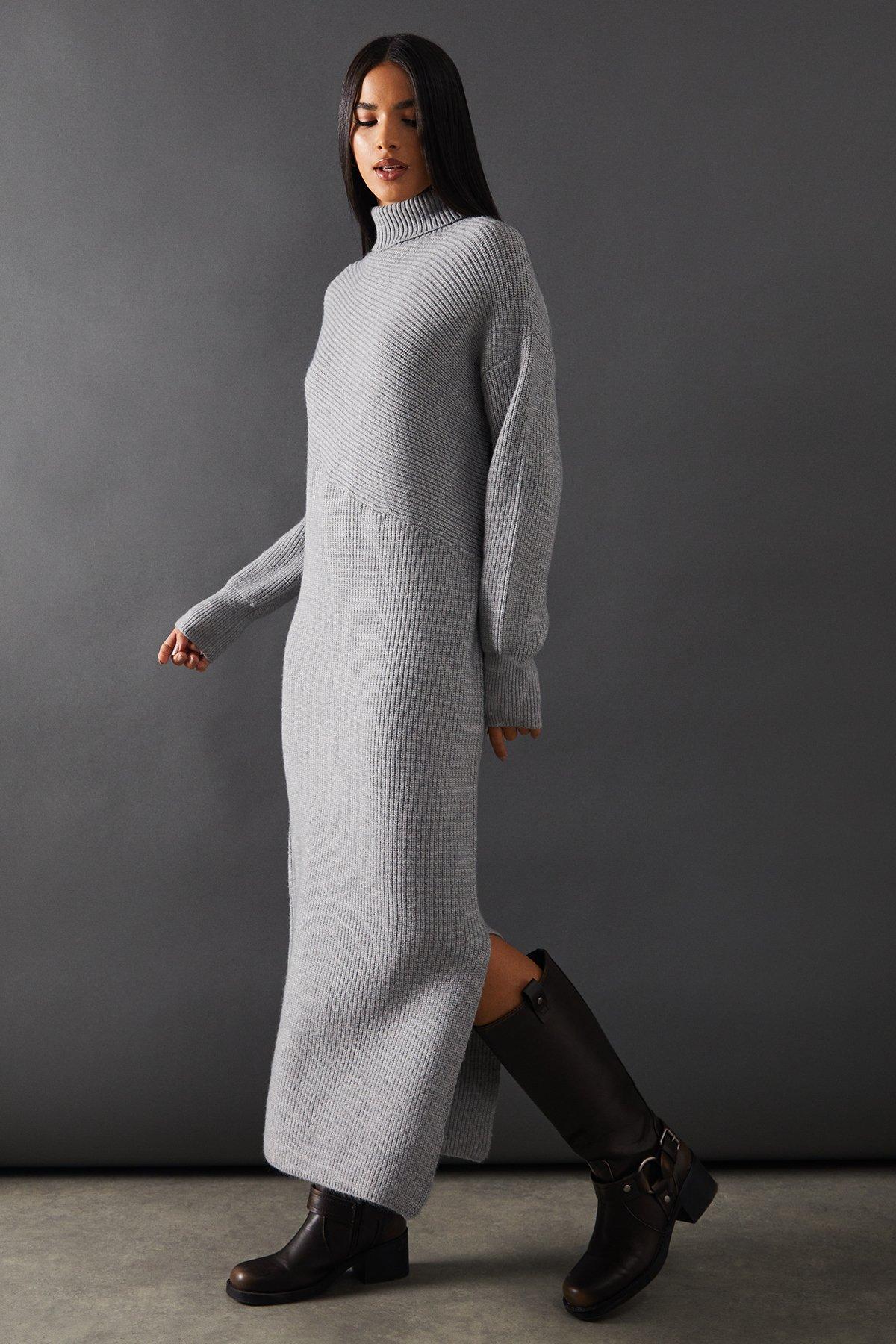 Warehouse Roll Neck Split Maxi Dress Grey Marl image 1