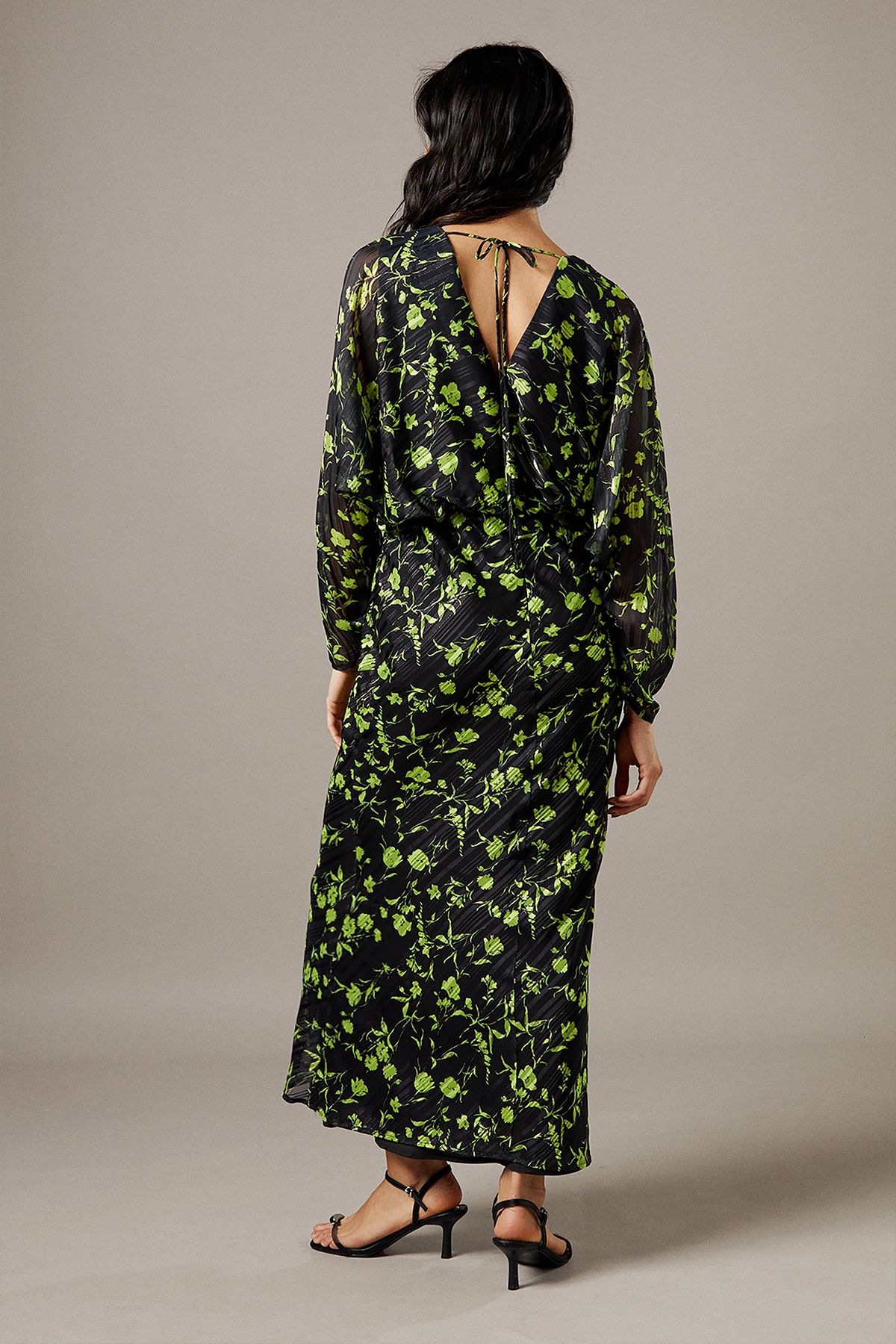 Warehouse Shadow Stripe Batwing Plunge Neck Midi Dress Floral image 3