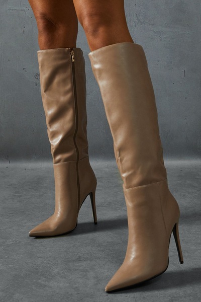 MissPap Leather Look Knee High Pointed Boots Taupe