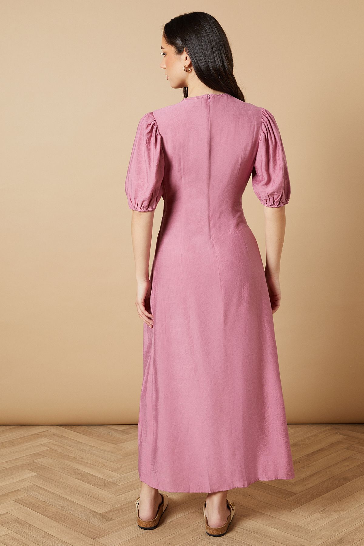 Oasis Shirred Bodice Puff Sleeve Midi Dress Pink image 3