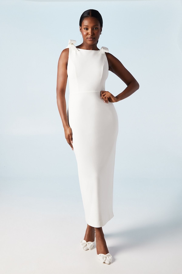 Coast Bow Shoulder Crepe Column Wedding Dress Ivory