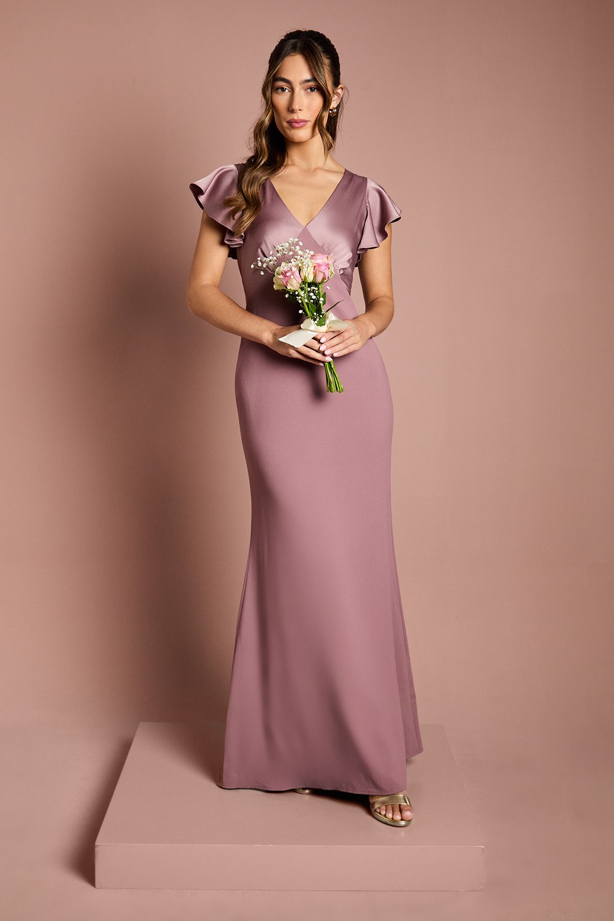 Coast Coast Honoured V Neck Angel Short Sleeve Satin Maxi Bridesmaid Dress Dusty Mauve image 1