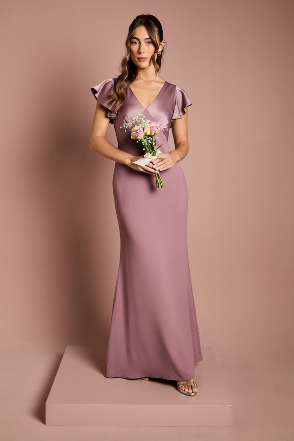 Coast Coast Honoured V Neck Angel Short Sleeve Satin Maxi Bridesmaid Dress Dusty Mauve