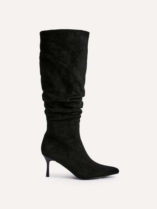 Linzi Rosenna Black Faux Suede Ruched High Leg Heeled Boot