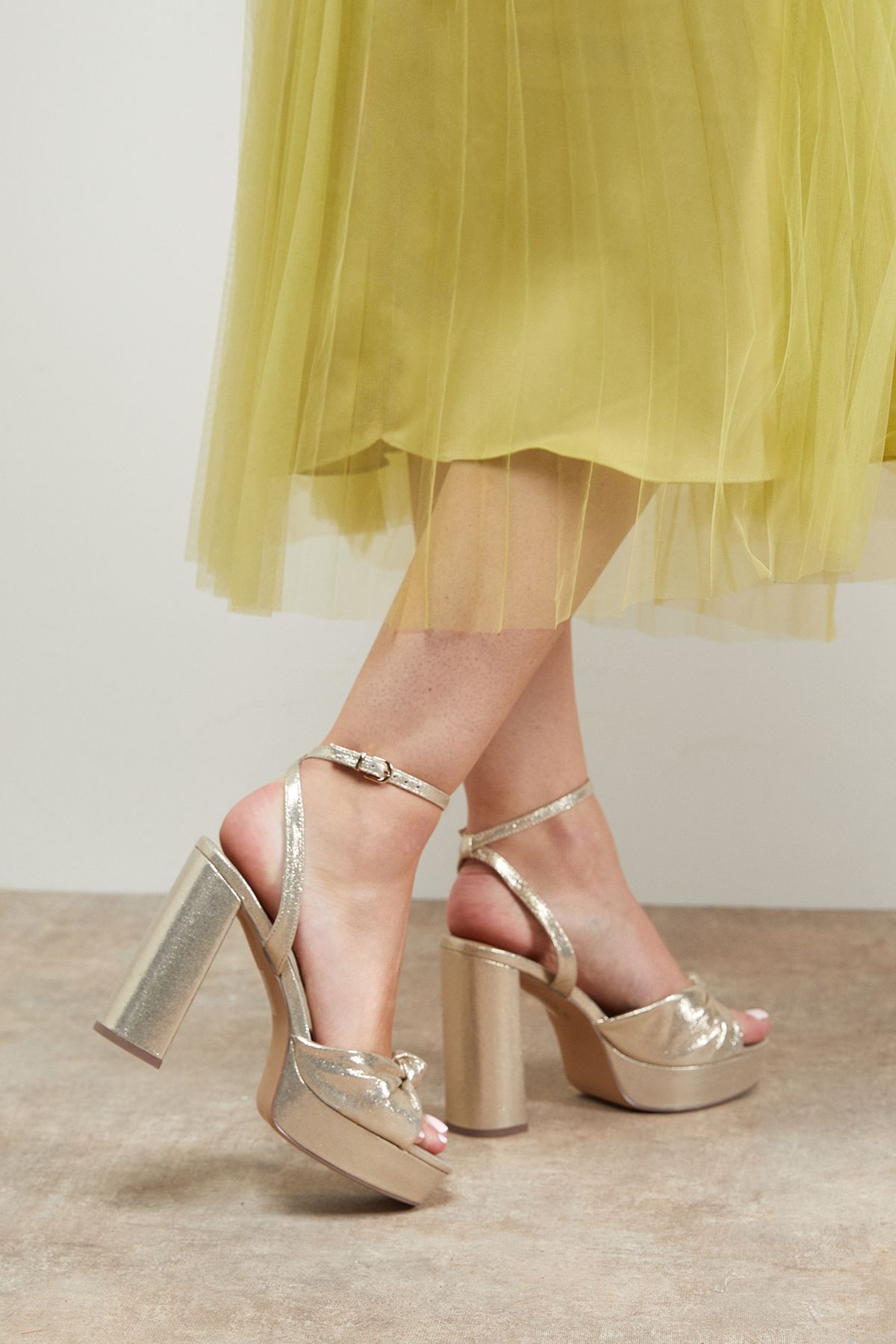 Oasis Melody Metallic Textile Knotted Platform High Block Heel Sandals Gold image 3