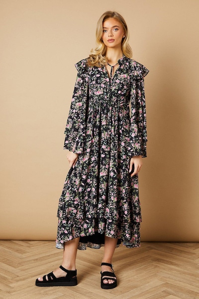 Oasis Floral Printed Drawstring Waist Midi Dress Black