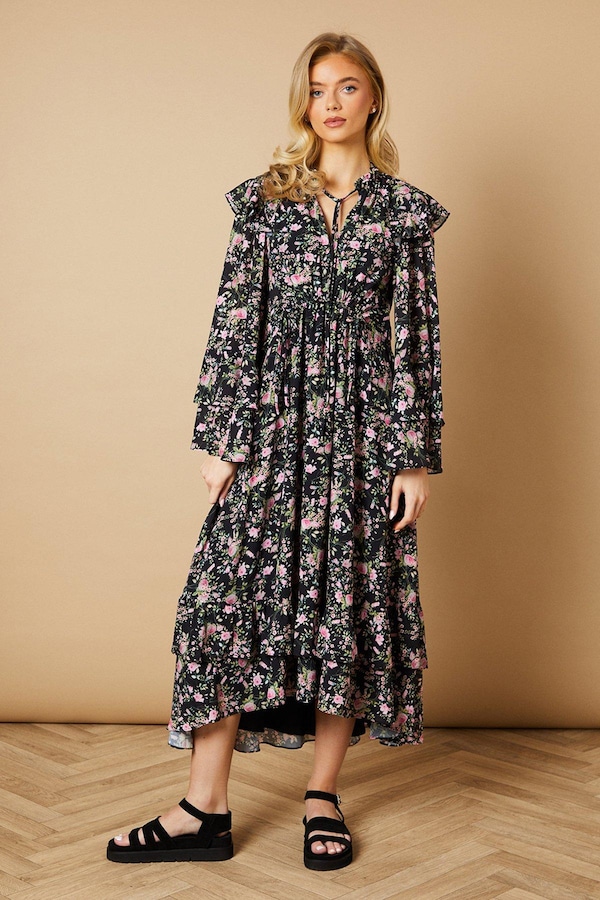 Oasis Floral Printed Drawstring Waist Midi Dress Black