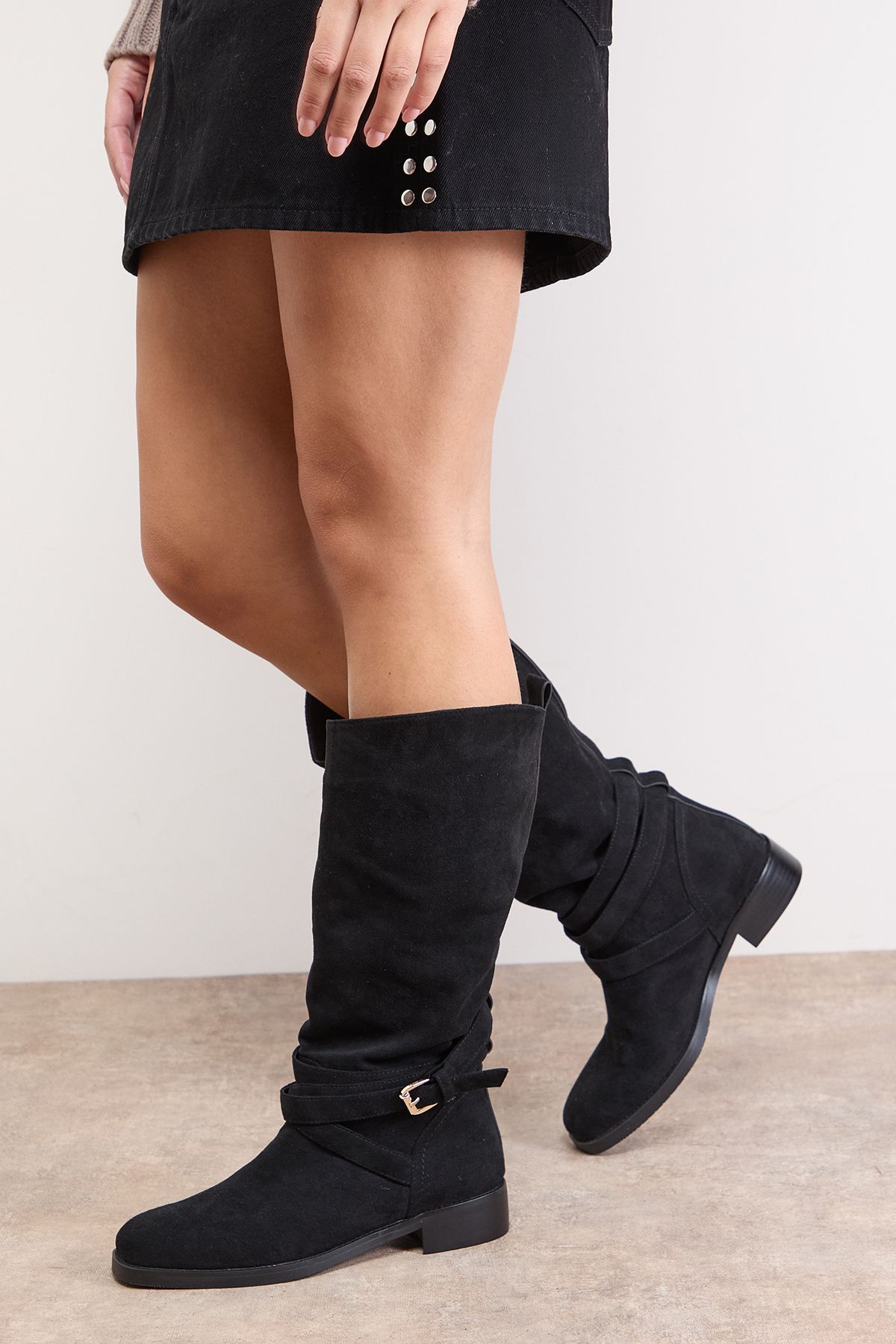 Oasis Ava Faux Suede Mid-Calf Buckle Boots Natural Black image 1