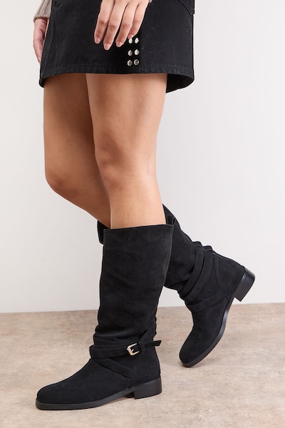Oasis Ava Faux Suede Mid-Calf Buckle Boots Natural Black