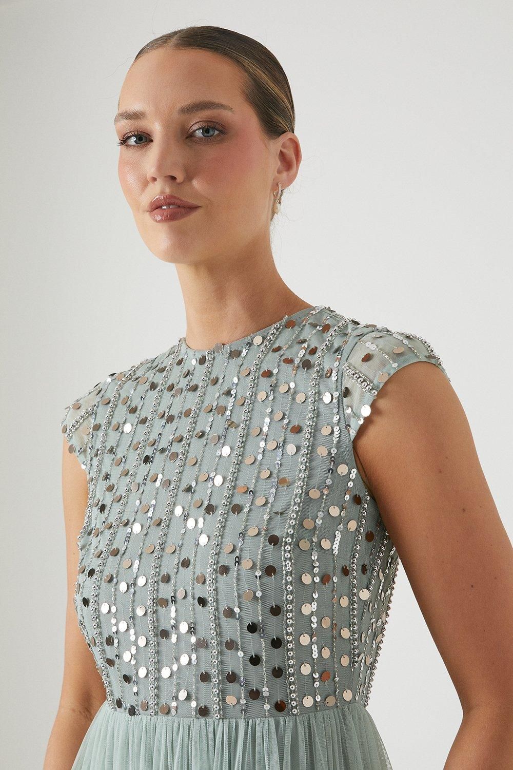 Coast Short Sleeve Embellished Mesh Bridesmaid Dress Sage image 4