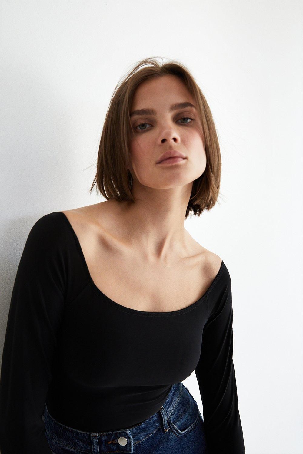 Warehouse Premium Slinky Double Layer Bardot Bodysuit Black image 2